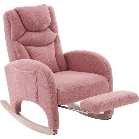 Chaise berçante en tissu Teddy rose avec accoudoirs, fauteuil relax en bois, capacité 110 kg (1/5)