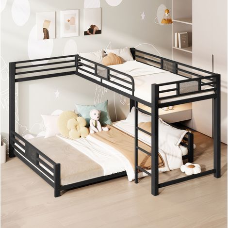 Letto a castello in metallo nero 90x200 sopra 140x200 sotto, design a L, rete inclusa (1/5)
