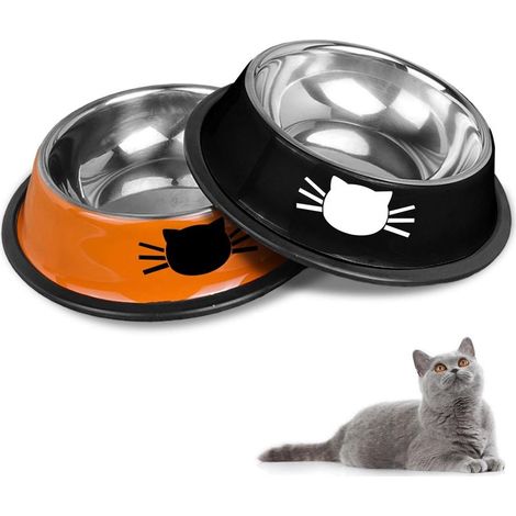 Set de gamelles pour chat, gamelles pour chats en acier inoxydable antidérapant, gamelles à nourriture pour chats, abreuvoirs pour chats, gamelles et écuelles pour animaux de compagnie (Noir + Orange) (1/3)