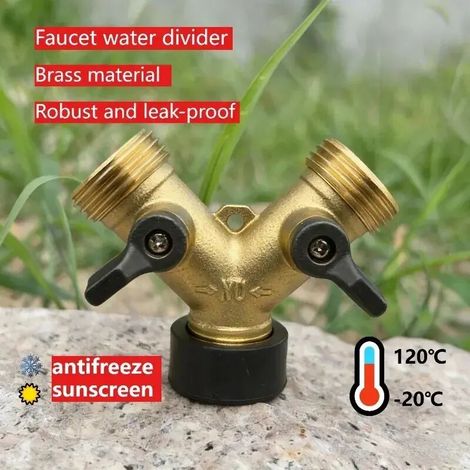 (1 jeu) Raccord en Y double vanne 3/4" en laiton robuste pour tuyau d'arrosage extérieur, avec 2 voies, pour robinet extérieur. Accessoires d'arrosage anti-fuite.