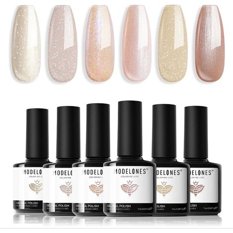 Vernis Semi Permanent, Vernis Gel UV Semi Permanent 6 Couleur Nude Neutre Teint de Peau Gel Rose Pailleté Perle Brillante Vernis à Ongles Soak Off Polish French Manucure pour Été (1/5)