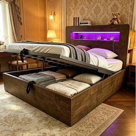 Letto contenitore con LED e prese in legno 140x200 OKMYHOME (1/5)