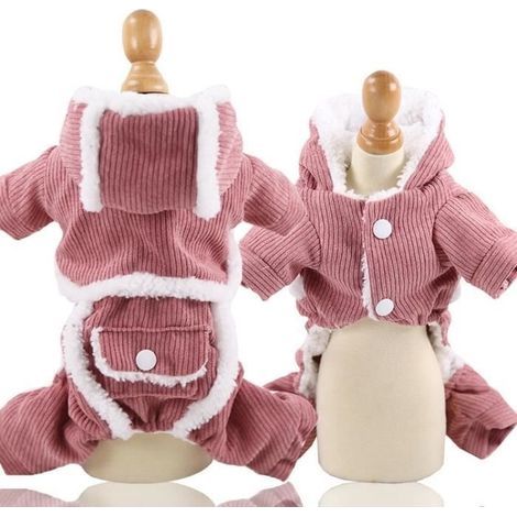 (Corduroy Pink / XS) Fleece Dog Jumpsuit, Soft Winter Clothes, Puppy Pajamas, Pet Coat (1/4)
