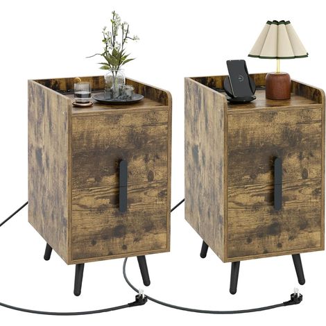 COSTWAY 2er Set Nachttisch mit Ladestation, schmaler Nachtschrank mit 2 Schubladen & USB-Anschlüssen, Beistelltisch mit Metallbeinen, Nachtkommode für Schlafzimmer, Wohnzimmer, 32 x 40 x 60 cm (Weiß) (1/5)