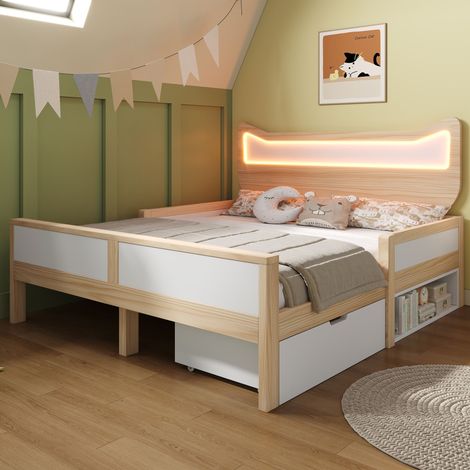 Lit d'enfant 140×200 cm avec tête à oreilles de chat et éclairage à LED RVB, grille à lait, tiroir flexible et coffre de rangement à gauche/droite, grille de protection à l'abri des enfants, en noir e (1/5)