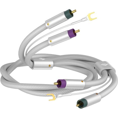 Câble phono avec terre - 2 m - Argent - Blindé - Câble de bras de lecture OFC - Plaqué argent - Câble RCA - Câble de terre - Connecteurs plaqués or pour platines vinyles, amplificateur (2 x (1/5)