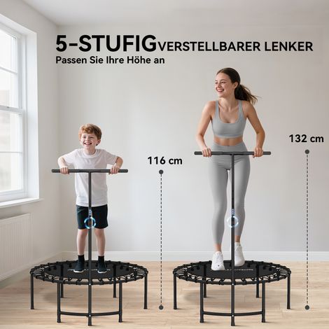 Trampoline de fitness noir, rebondeur avec poignée réglable 5 niveaux, mini-trampoline d'exercice (1/5)