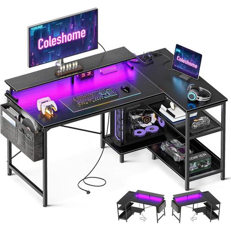 Gaming Schreibtisch L Form LED 120x80cm Ecktisch Schwarz mit USB-Ladeanschlüssen (1/5)