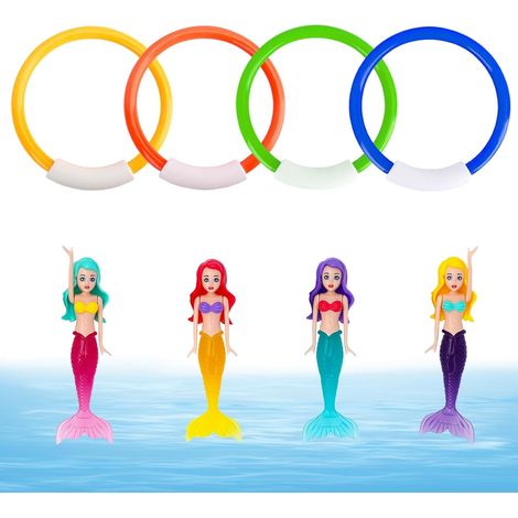 Diving Toy for Children, 4 Diving Rings + 4 Mermaids, ABS Luminous in Blue, Orange, Yellow, Green, Ideal for Diving Training and Underwater Fun in the Swimming Pool