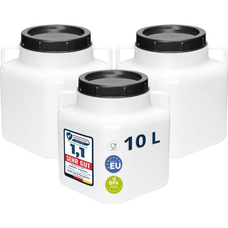 Garronda Lot de 3 fûts alimentaires carrés 10 L en HDPE sans BPA, à large ouverture avec couvercle, pour eau, aliments, choucroute et fermentation, blanc GD-0134