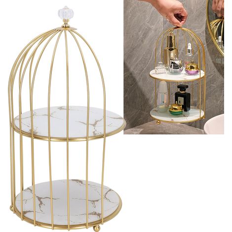 Table de toilette double plateau dorée, étagère de rangement type cage à oiseaux, fond blanc à motifs dorés (1/5)