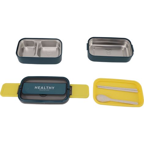 Boîte repas Bento 2 compartiments en acier inoxydable 316, couverts inclus, portable pour travail école bureau, 1400 ml, couleur turquoise (1/5)