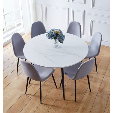 Hallowood Furniture Cullompton Round Dining Table and Chairs Set 6, White Marble Effect Top Kitchen Table with 6 Chairs Upholstered in Grey Fabric, Dining Table Set for Home and Cafe (1/5)