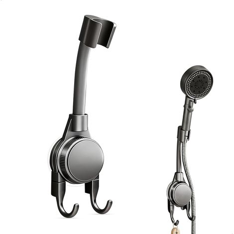 2 Pcs Support Douche Sans Percage,Ventouse Réglable 360° Barre de Douche Sans Percage, Accroche Pommeau de Douche avec 2 Crochets (1/5)