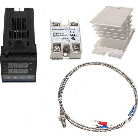 Régulateur de température intelligent REX-C100FK02-VAN : sortie relais statique (SSR), connecteur SSR-40 DA, sonde thermocouple de type K et dissipateur thermique. (1/5)