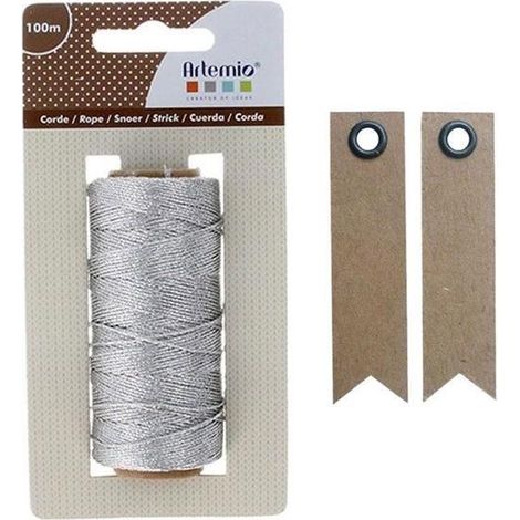 Ficelle argentée 100 m + 20 étiquettes kraft Fanion