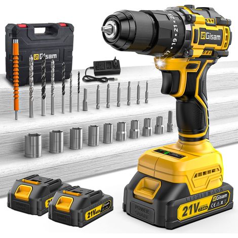 Perceuse-visseuse sans fil 21 V avec 2 batteries 2,0 Ah, couple 55 Nm, 23 + 3 niveaux de couple, mandrin de 10 mm, 2 vitesses, lumière LED, 24 accessoires et mallette pour la maison et le jardin (1/5)