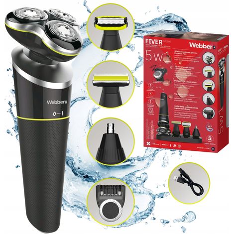 Rasoio da uomo Webber Fiver SXG500 5 in 1, rifinitore per barba e naso, utilizzabile a secco e sotto la doccia, con porta USB. (1/5)