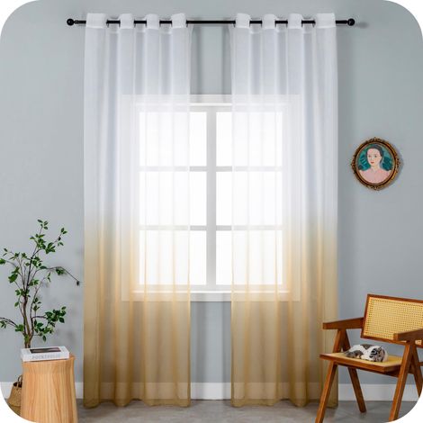 Paire de rideaux en voile semi-transparents, couleur dégradée, blanc et beige, rideau pour salon, chambre, chambre d'enfant, cuisine et intérieurs, 2 panneaux avec œillets 140 x 238 cm (1/5)