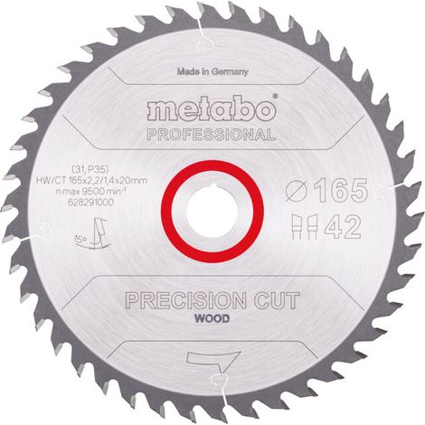 Lame de scie Metabo "coupe de bois de précision - professionnelle", 165x2,2/1,4x20 Z42 WZ 15°. (1/2)
