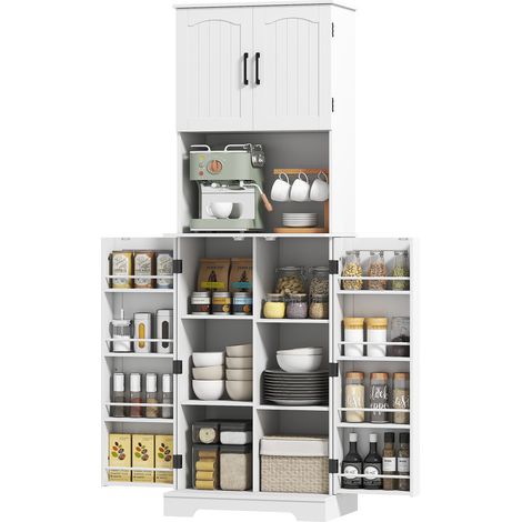 Hohes Küchen-Sideboard mit 4 Türen, Arbeitsplatte, 8 Gewürzregalen, verstellbaren Einlegeböden, 60 x 40 x 181,5 cm, weiß (1/5)