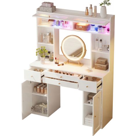 ELVMI Schminktisch mit 4 Schubladen, 2 Schränken, 4 Offenen Fächern, Rundem LED-Spiegel und Vitrine, aus MDF und Glas, Weiß (1/5)