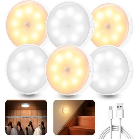 Juego de 6 luces LED con sensor de movimiento para interiores, recargables, con 3 modos de iluminación y conexión inalámbrica para escaleras, pasillo, dormitorio, armario y cocina. (1/5)