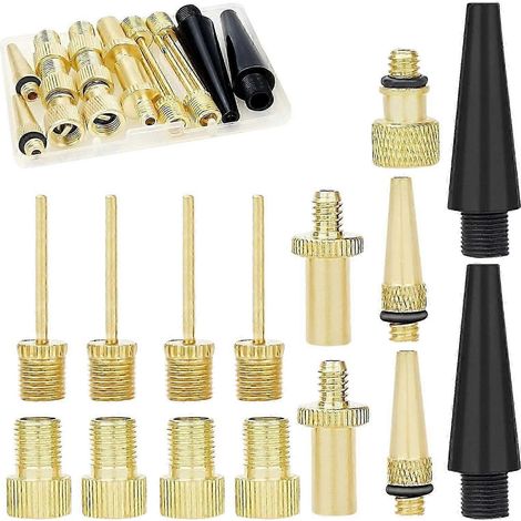 16 aiguilles à bille pour matelas pneumatiques, jantes de piscine, adaptateurs coniques avec filetage, billes et capuchons en cuivre, adaptateur pour valve de vélo. (1/5)