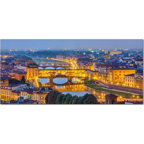 Lupia - Quadro moderno su Tela Canvas DEEP 65X143 cm, con paesaggi e localismi italiani, per casa, soggiorno, capezzale camera da letto, hotel, ufficio, FIRENZE - PANORAMA PONTE VECCHIO SERA (1/4)
