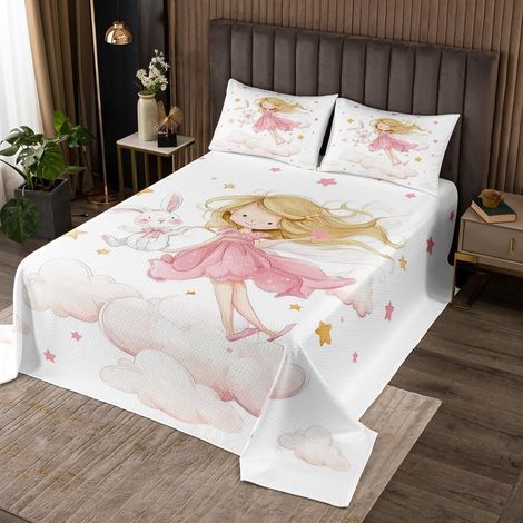 Couvre-Lit 170x230 Enfant Mignon Rose Et Blanc, Dessus de Lit Fille 1 Personne Lapin de Dessin Animé, Couverture de Lit Étoiles, Jetés de Lit Princesse avec 1 Taie d'oreiller 51x75cm (1/4)