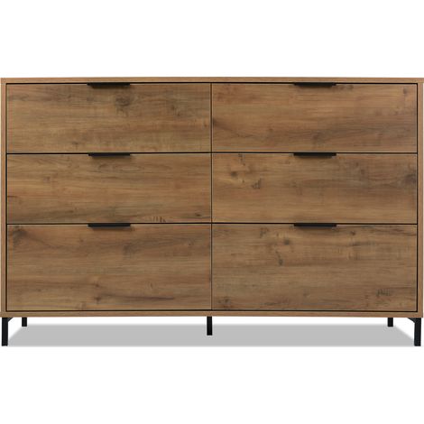Commode 6 tiroirs en chêne foncé 120 x 40 x 76 cm avec pieds et poignées en métal (1/5)