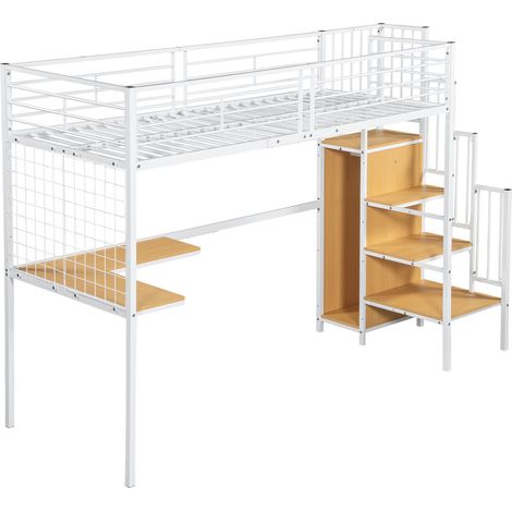 Letto a soppalco 90 x 200 cm con scrivania e armadio, metallo e pannelli, bianco naturale (1/5)
