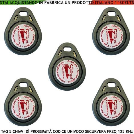 Chiave di Prossimità Cinque Trasponder Alta Sicurezza Codice di Base Securvera Univoco EM-4100 Frequenza di Lavoro 125 KHz RFID Codici Generati Random TAG Alimentazione x Induzione Foro Portachiavi (1/4)