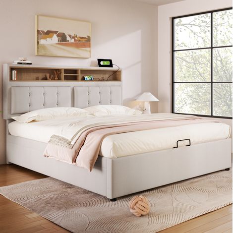 Bett Doppelbett Stauraum 160x200 mit USB Leinen OKMYHOME (1/5)