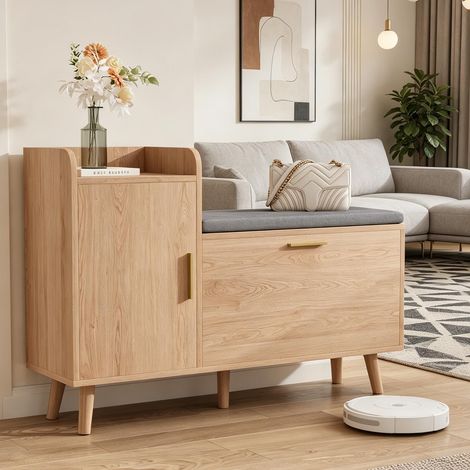 Taburete zapatero de madera maciza – Zapatero multifuncional – Mueble de entrada – Zapatero + mueble auxiliar – Madera clara (1/5)