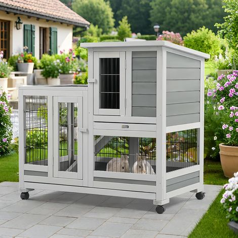 YODOLLA 94 x 62 x 85 cm Cage Lapins en Bois sur roulettes, 2 Étages & 3 Portes Verrouillables & 2 Plateaux Amovibles