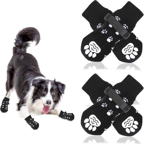 paia di calzini antiscivolo per cani con elastico regolabile. Resistenti. Adatti a cani di piccola taglia. Neri, in cotone traspirante. Taglia M. (1/5)