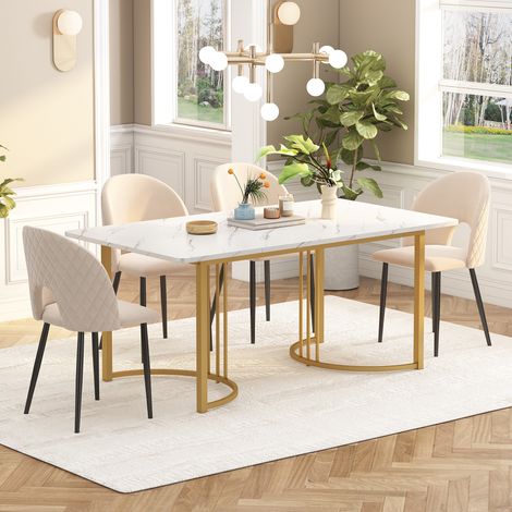 Ensemble table à manger 140x80x75 cm MDF blanc, velours beige, 4 chaises – MEUBLIV (1/5)