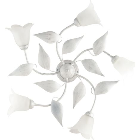 Plafoniera in ferro Bianco Argento cinque luci vetri Alabastro Bianchi 70x h20 cm (1/3)