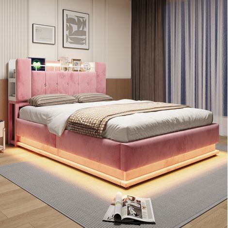 MODFU – Cama con almacenaje 140x200 cm en terciopelo con LED, USB, elevación hidráulica, cabecero y 24 lamas – Rosa (1/5)