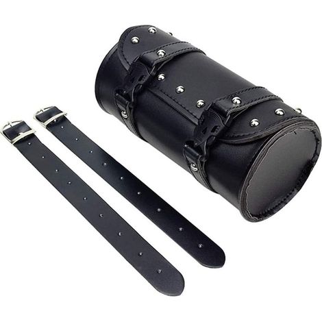 Sac à outils moto en cuir PU rond, fixation arrière sur fourche avec 2 sangles réglables – universel pour motos et tout-terrain (1/5)