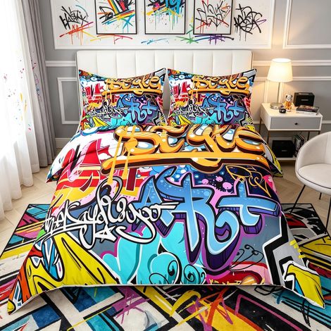 Parure de lit moderne avec housse de couette et 2 taies d'oreiller, fermeture éclair et attaches, motif graffiti, pour enfants, garçons, jeunes, décoration murale urbaine (1/5)