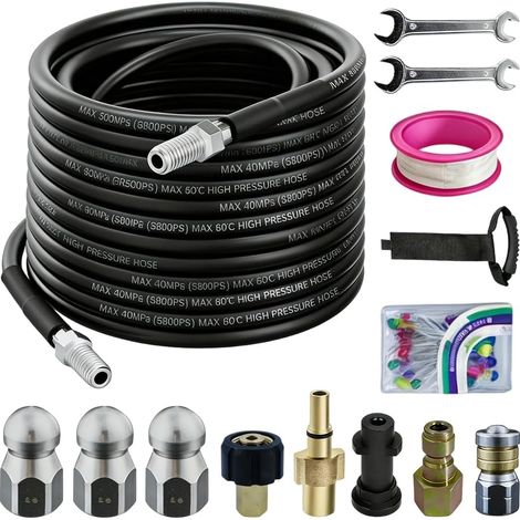 Kit de tuyau de nettoyage de canalisations, 400 bar, diamètre 10 mm, tuyau de nettoyeur haute pression, avec adaptateurs et buses, compatible avec les nettoyeurs haute pression (par exemple Kärcher K2