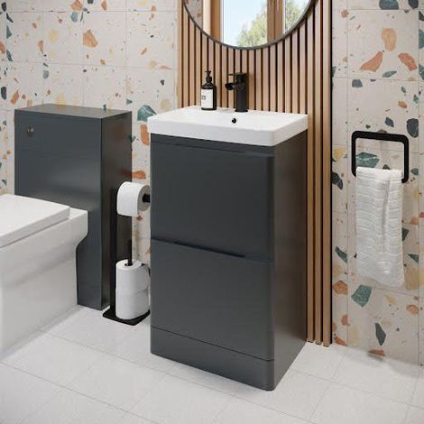 Regis Bathroom Grey Gloss Vanity Unit and Basin Sink Storage Furniture Cabinet - 500mm Freestanding