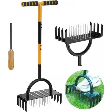Aérateur Gazon, 96cm Aérateurs Gazon Manuels, Aérateur de Pelouse Manuel pour Entretien Jardin/Cour, Aérateur de Pelouse, Poignée en T Antidérapante, Aérateur Manuel - 24 Dents