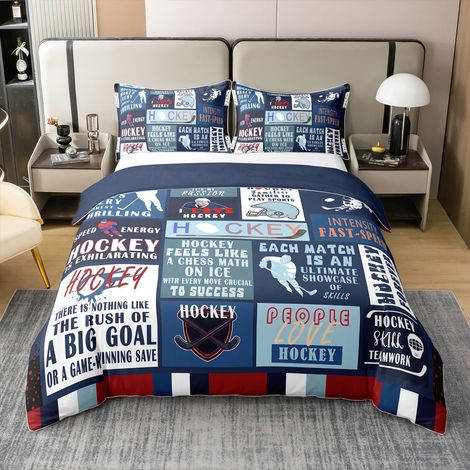 Housse de couette 100 % coton - Motif patchwork - Pour enfants - 155 x 220 cm - Bleu marine - Motif : hockey sur glace - Pour garçons, adolescents et hommes (1/5)