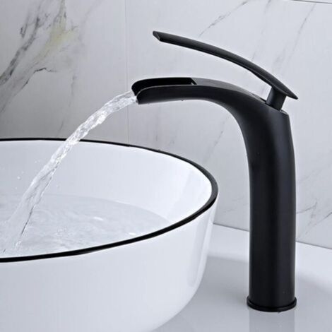 SJQKA Schwarze Wasserfall-Waschtischarmatur, Wasserfall-Waschtischarmatur, Wasserfall-Badezimmer-Mischbatterie mit Keramikventil, Einhebelmischer, Warm- und Kaltwasser einstellbar (Schwarz - Hoch)
