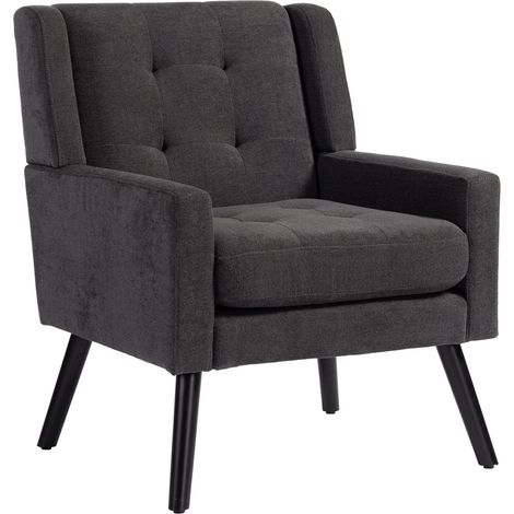 Chaise capitonnée en tissu gris foncé, siège large rembourré, style mid-century pour petit salon, chambre ou bureau, pieds en bois, confort durable - CHICFURN (1/5)