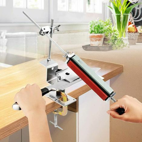 Aiguiseur de couteaux professionnel, aiguiseur de couteaux de cuisine en acier inoxydable, aiguiseur de couteaux à angle fixe avec 4 pierres à aiguiser antidérapantes (1/5)