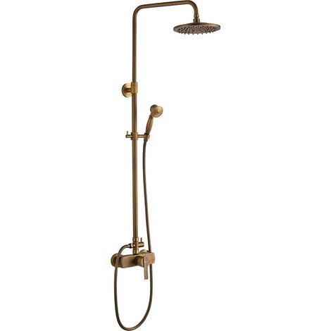 Colonne de Douche avec Mitigeur en Cuivre Antique, Système de Douche Rétro avec Pommeau Rond 20cm et Douchette Téléphone, Kit de Douche Laiton Aspect Doré Brossé Réglable en Hauteur (1/5)